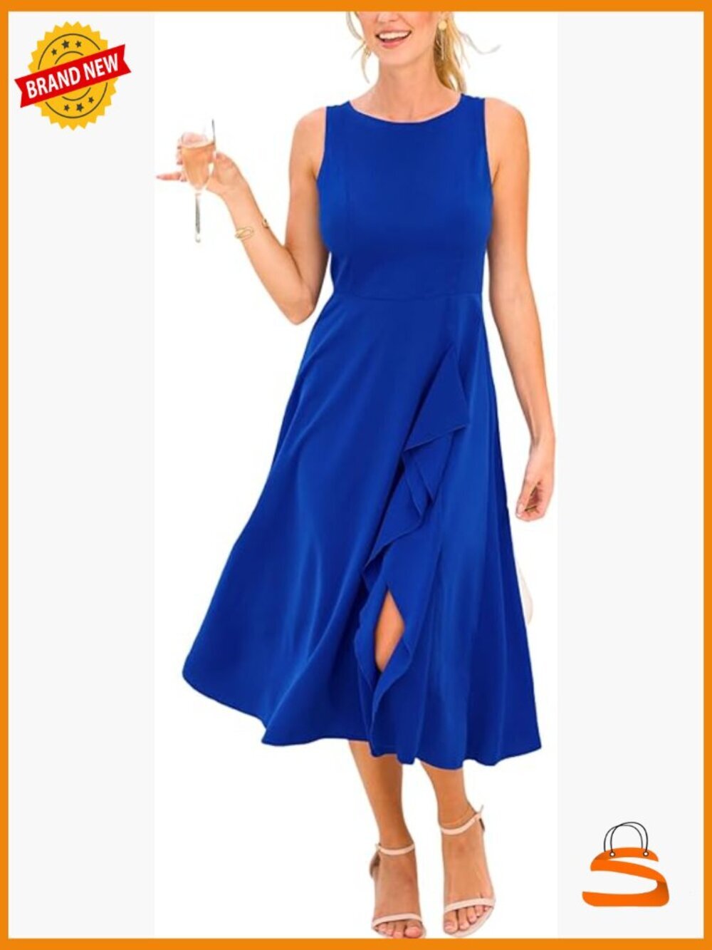 Boat Neck Sleeveless Ruffle Midi Dress Flowy Fit Cocktail Wedding Guest Formal